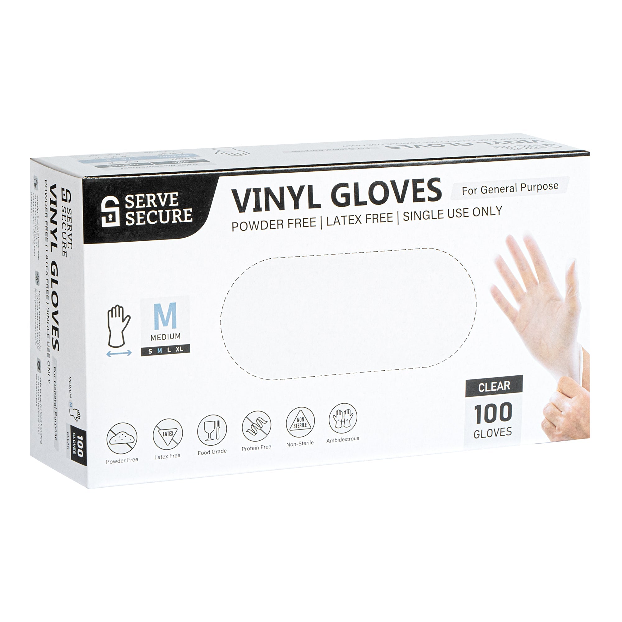 Serve Secure Clear Medium Vinyl Gloves - Powder-Free, Latex-Free - 9" x 3 3/4" - 1000 count box