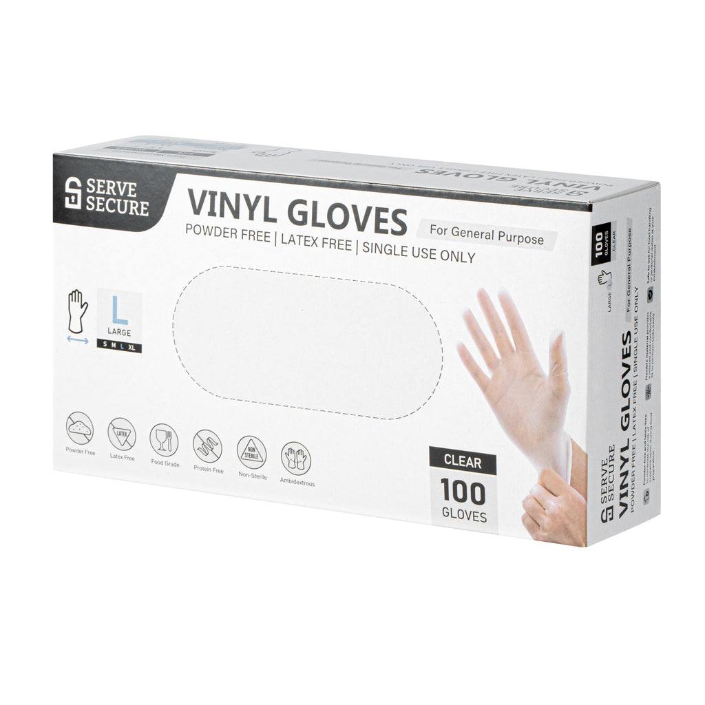Serve Secure Clear Large Vinyl Gloves - Powder-Free, Latex-Free - 9" x 4 1/4" - 100 count box