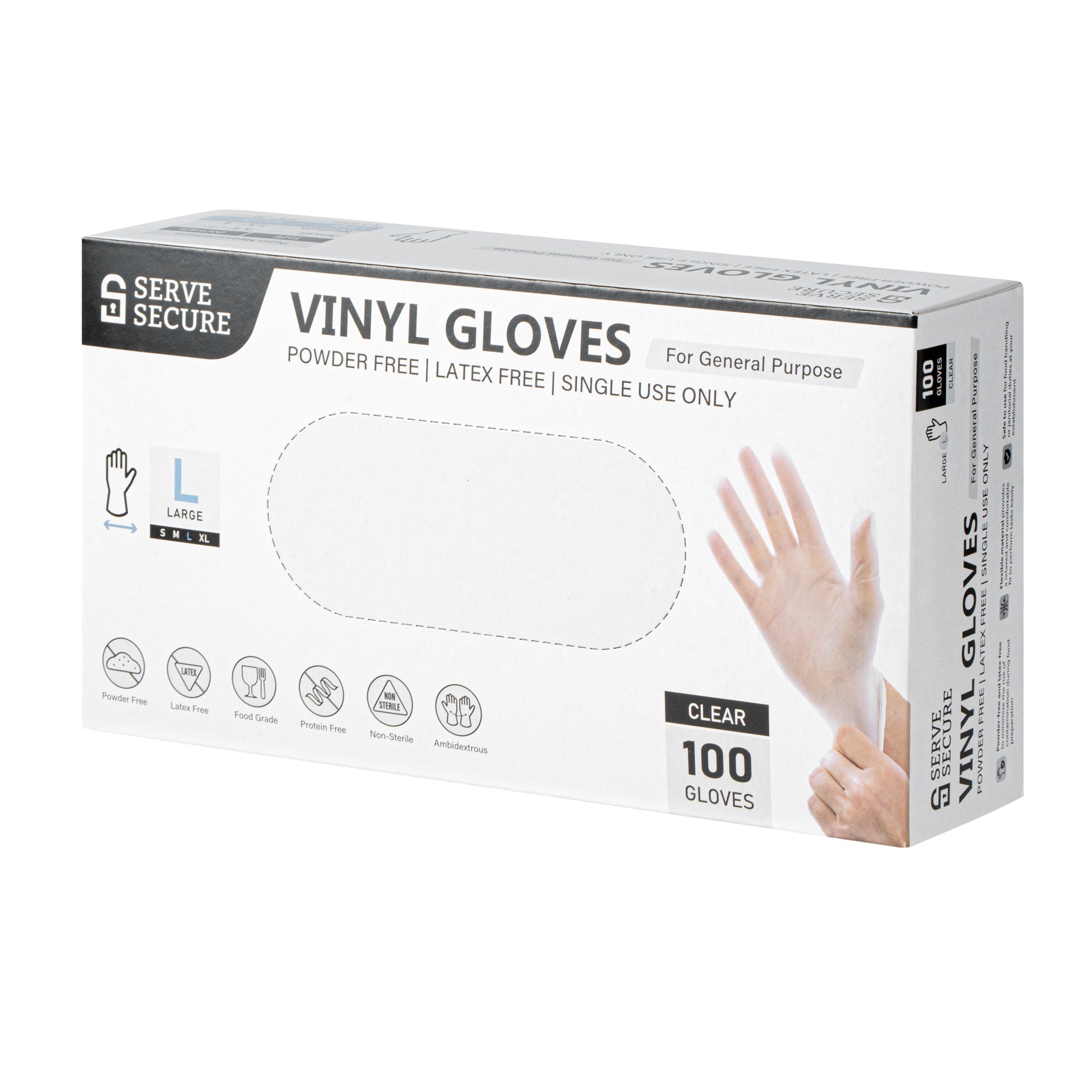 Serve Secure Clear Large Vinyl Gloves - Powder-Free, Latex-Free - 9" x 4 1/4" - 100 count box