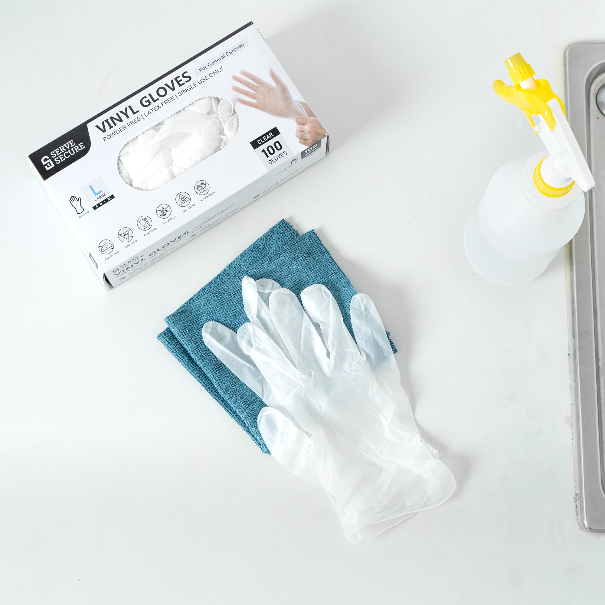 Serve Secure Clear Large Vinyl Gloves - Powder-Free, Latex-Free - 9" x 4 1/4" - 100 count box