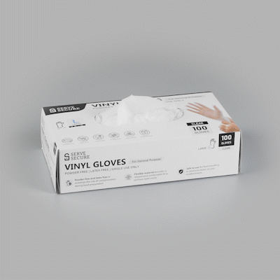 Serve Secure Clear Large Vinyl Gloves - Powder-Free, Latex-Free - 9" x 4 1/4" - 100 count box