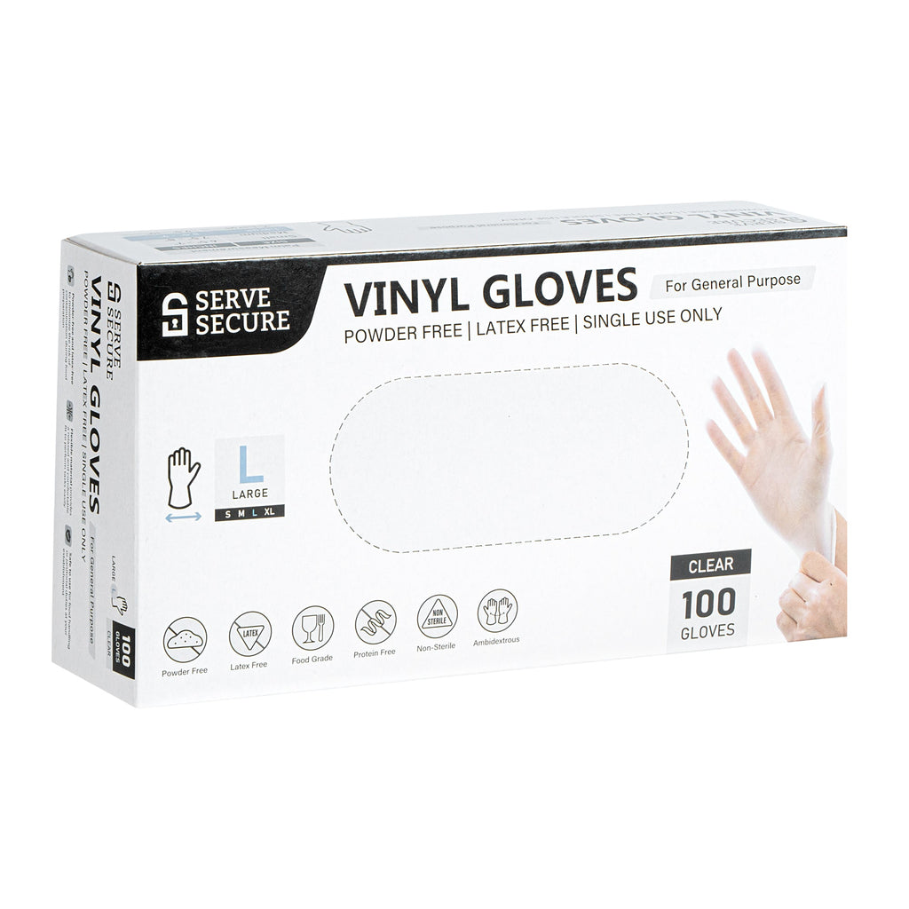 Serve Secure Clear Large Vinyl Gloves - Powder-Free, Latex-Free - 9" x 4 1/4" - 1000 count box