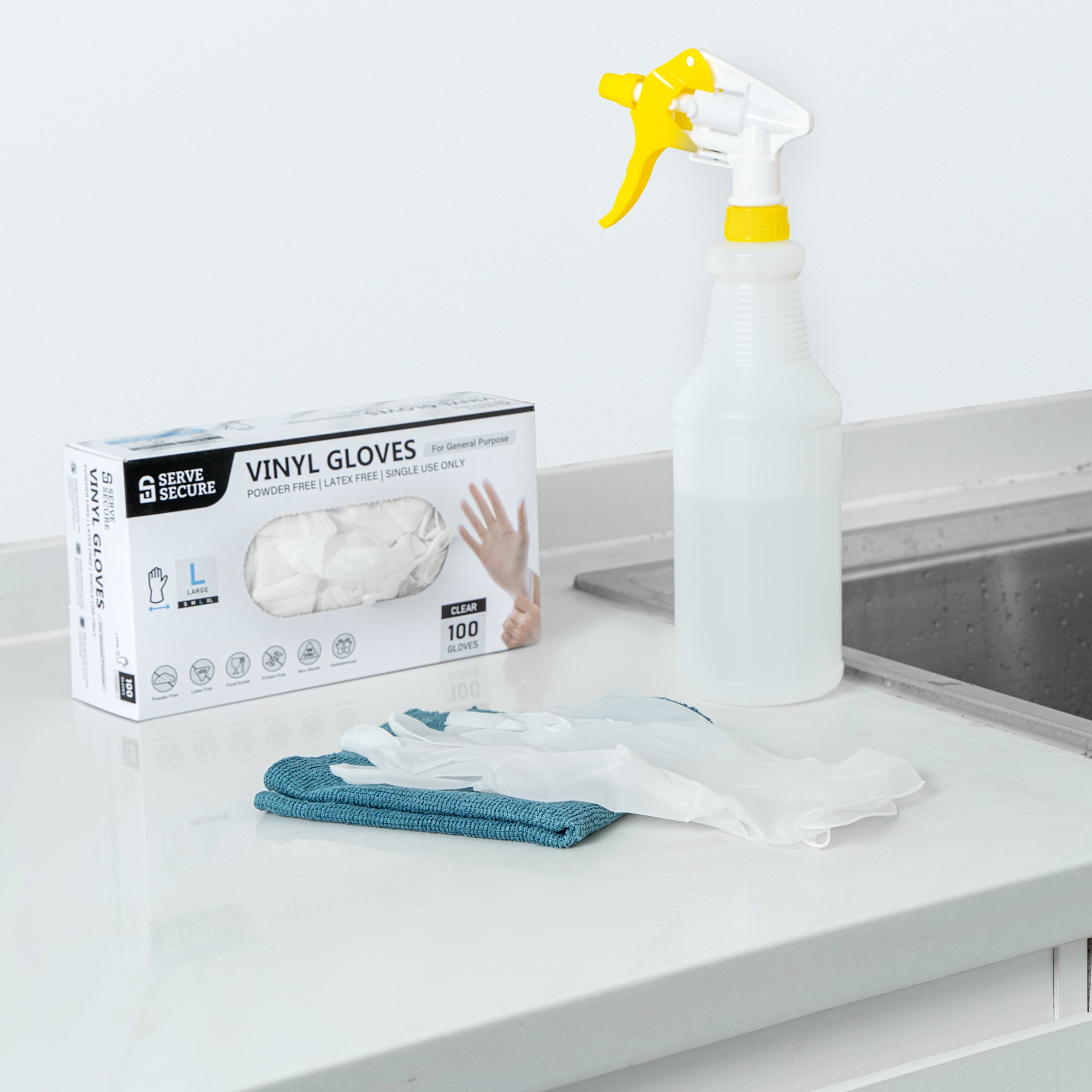 Serve Secure Clear Large Vinyl Gloves - Powder-Free, Latex-Free - 9" x 4 1/4" - 1000 count box