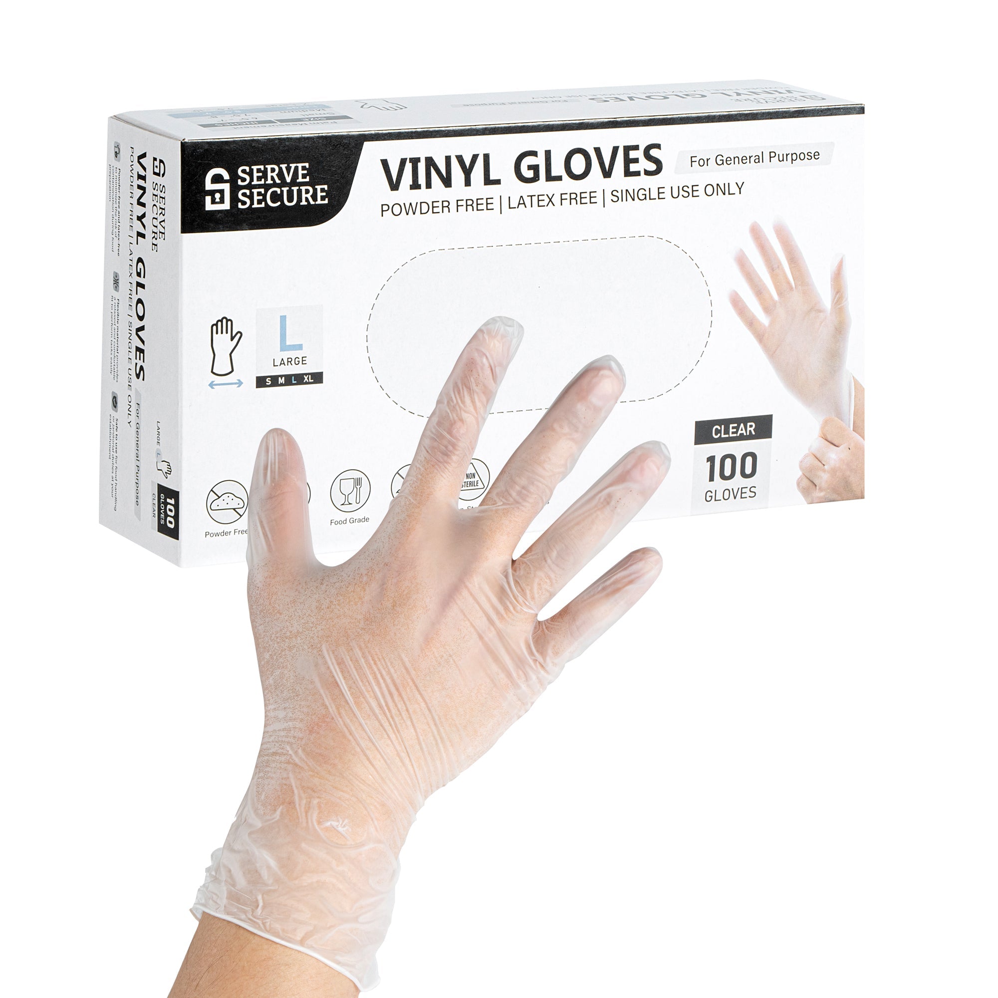 Serve Secure Clear Extra Large Vinyl Gloves - Powder-Free, Latex-Free - 9" x 4 1/2" - 100 count box