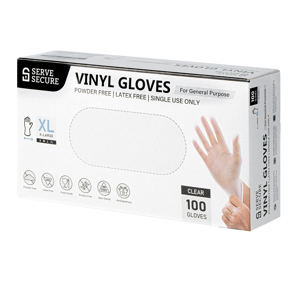 Serve Secure Clear Extra Large Vinyl Gloves - Powder-Free, Latex-Free - 9" x 4 1/2" - 100 count box