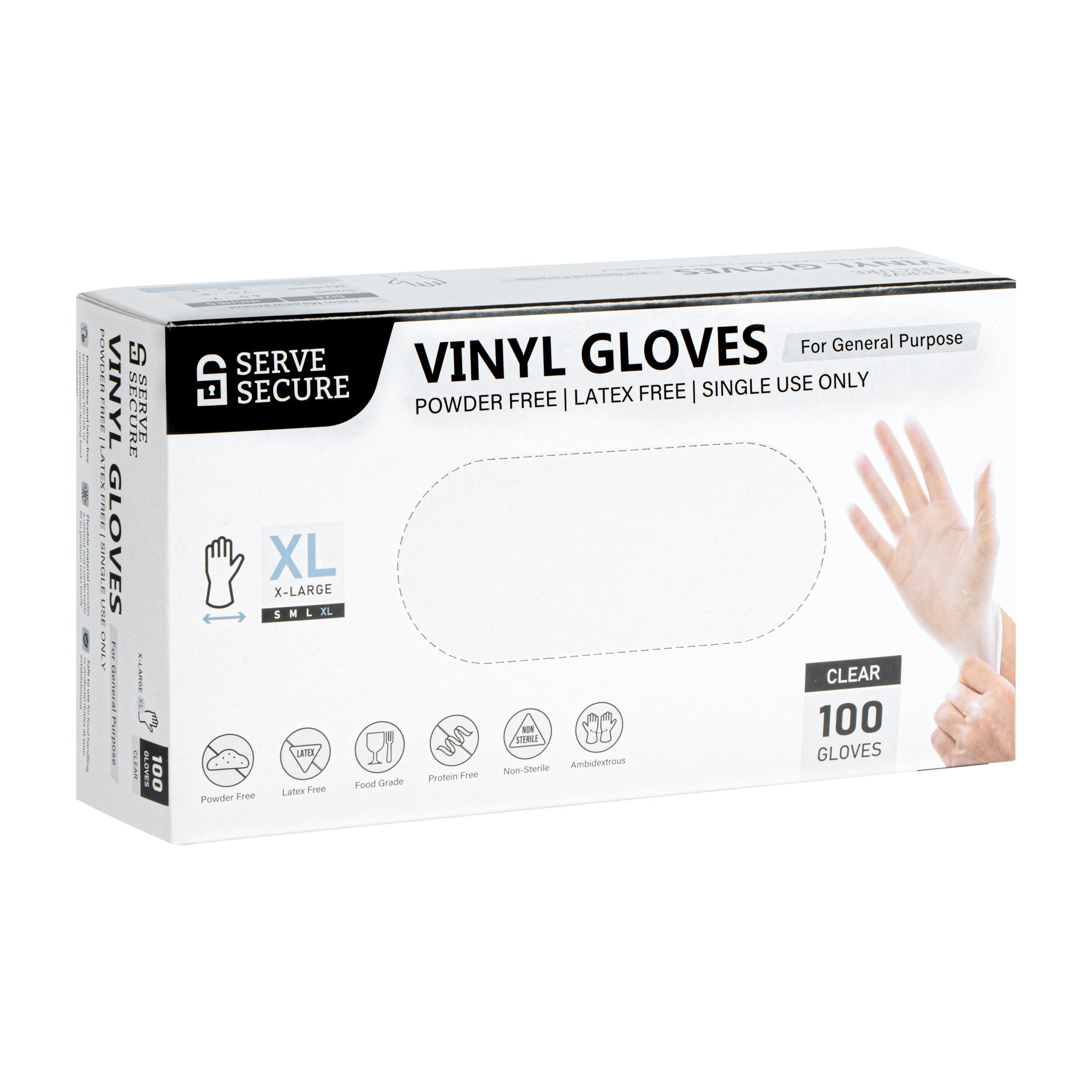 Serve Secure Clear Extra Large Vinyl Gloves - Powder-Free, Latex-Free - 9" x 4 1/2" - 100 count box