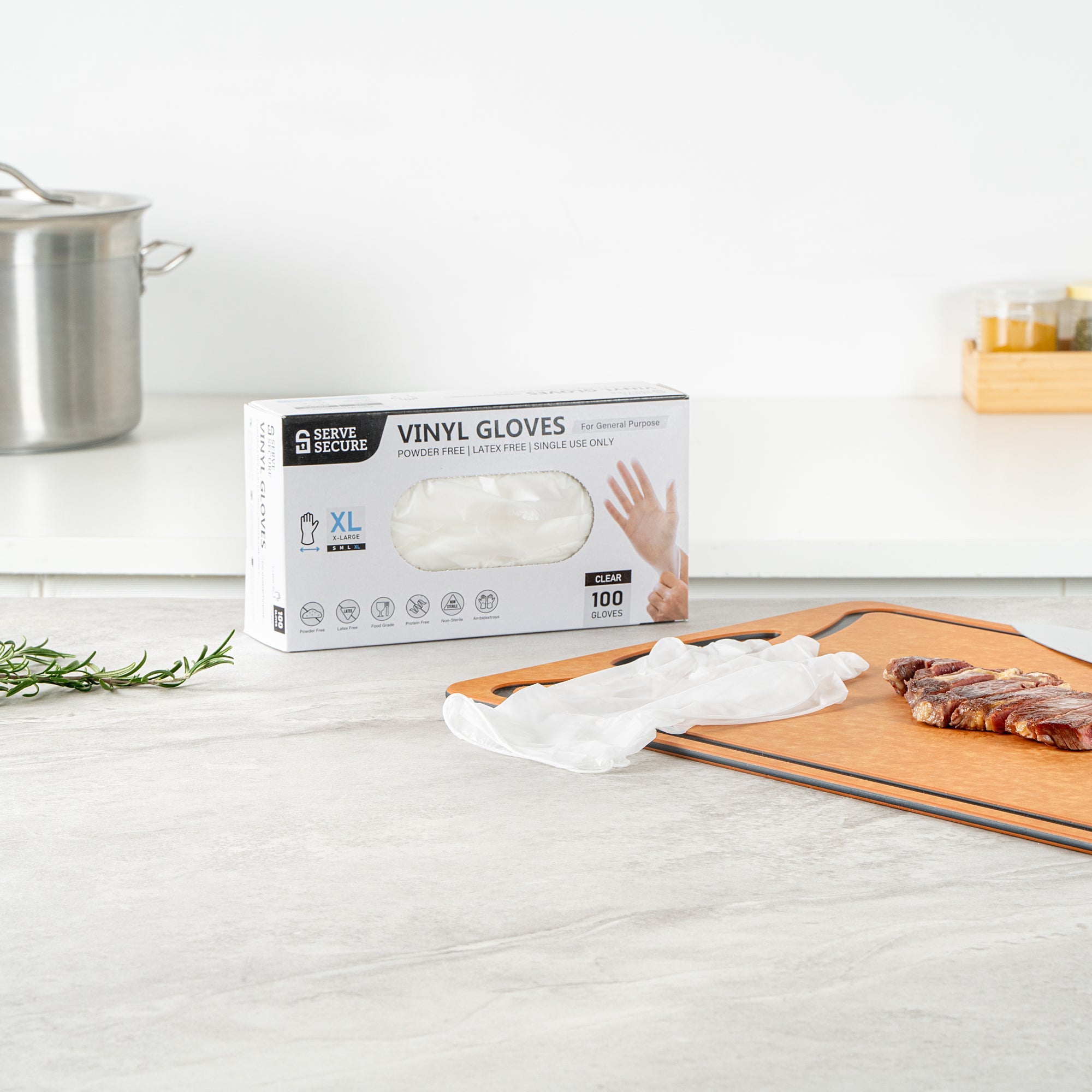 Serve Secure Clear Extra Large Vinyl Gloves - Powder-Free, Latex-Free - 9" x 4 1/2" - 100 count box