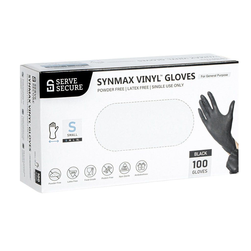 Serve Secure Black Small Synmax Vinyl Gloves - Powder-Free, Latex-Free - 9" x 3 1/4" - 1000 count box