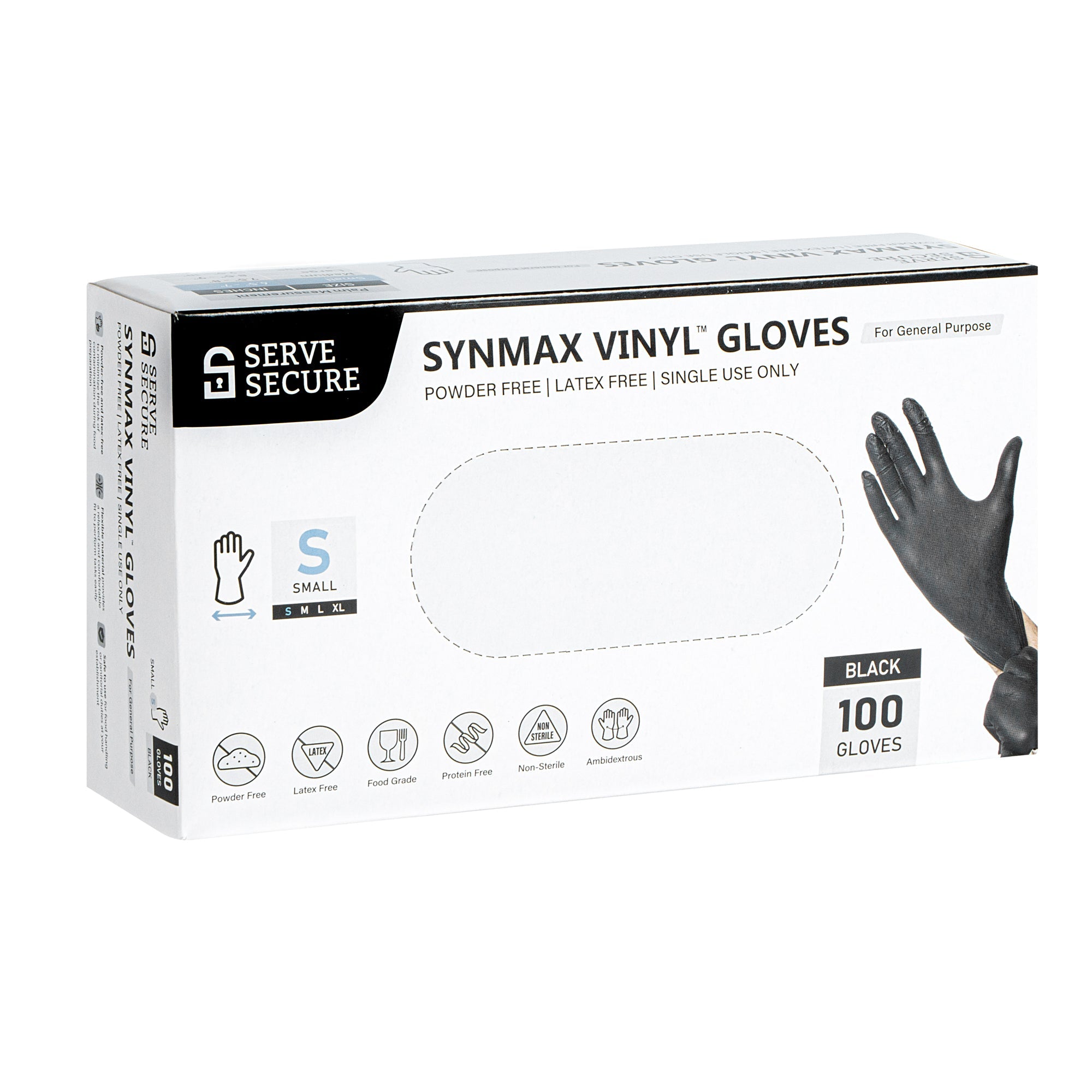 Serve Secure Black Small Synmax Vinyl Gloves - Powder-Free, Latex-Free - 9" x 3 1/4" - 1000 count box
