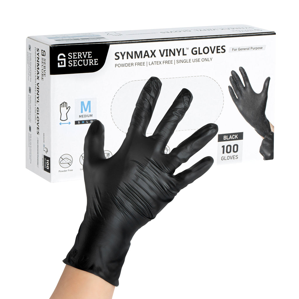 Serve Secure Black Medium Synmax Vinyl Gloves - Powder-Free, Latex-Free - 9" x 3 3/4" - 100 count box
