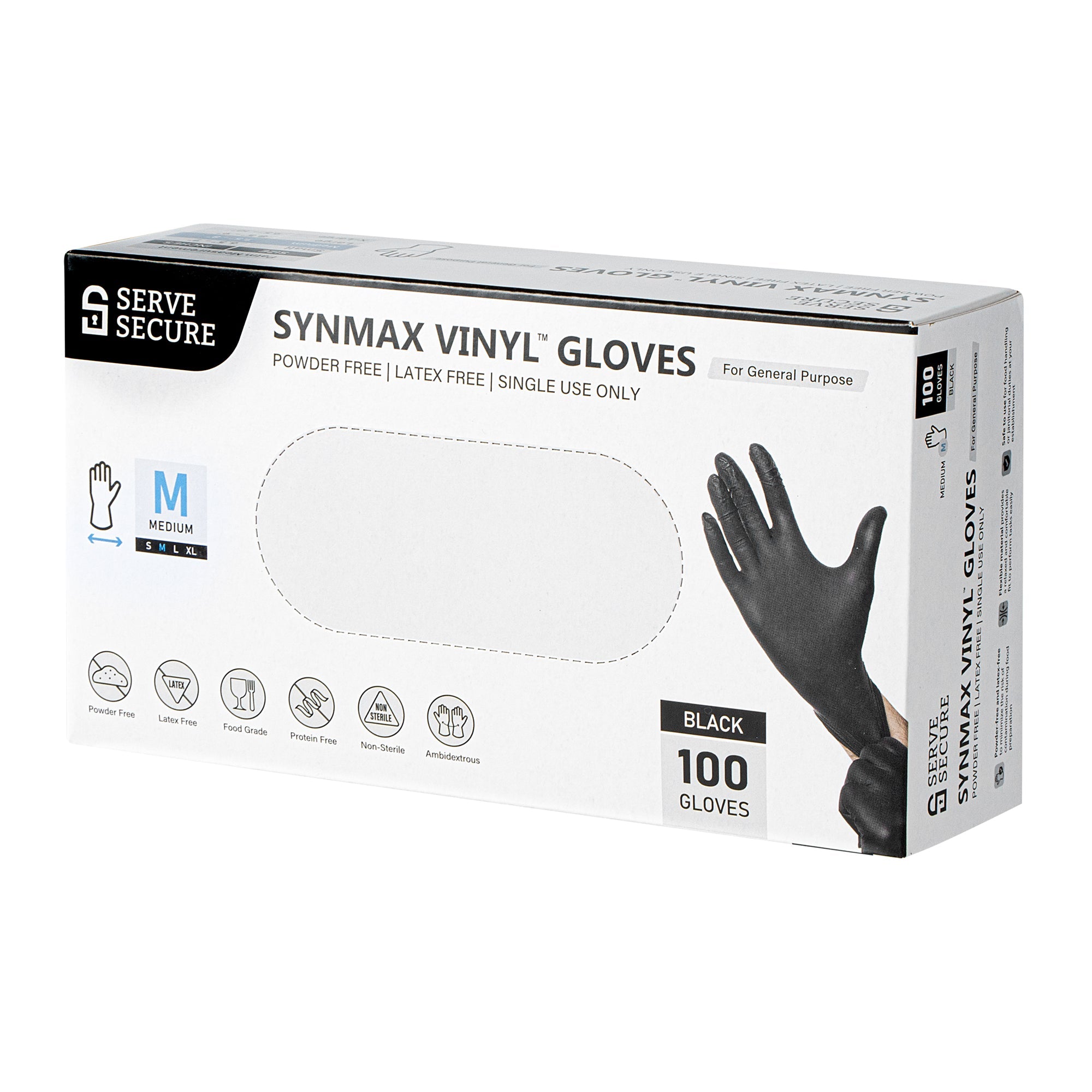 Serve Secure Black Medium Synmax Vinyl Gloves - Powder-Free, Latex-Free - 9" x 3 3/4" - 100 count box