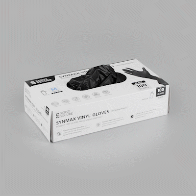 Serve Secure Black Medium Synmax Vinyl Gloves - Powder-Free, Latex-Free - 9" x 3 3/4" - 100 count box