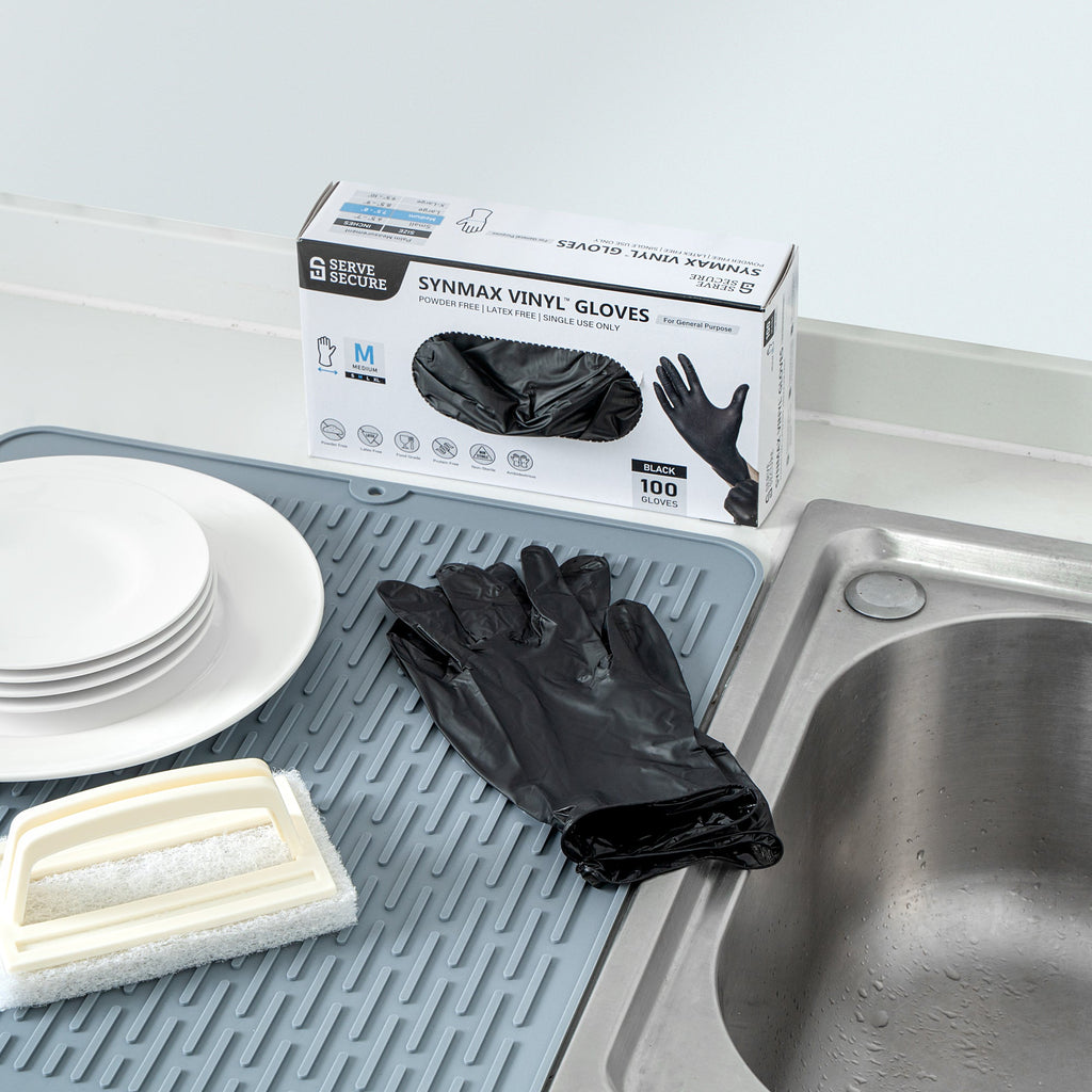Serve Secure Black Medium Synmax Vinyl Gloves - Powder-Free, Latex-Free - 9" x 3 3/4" - 100 count box