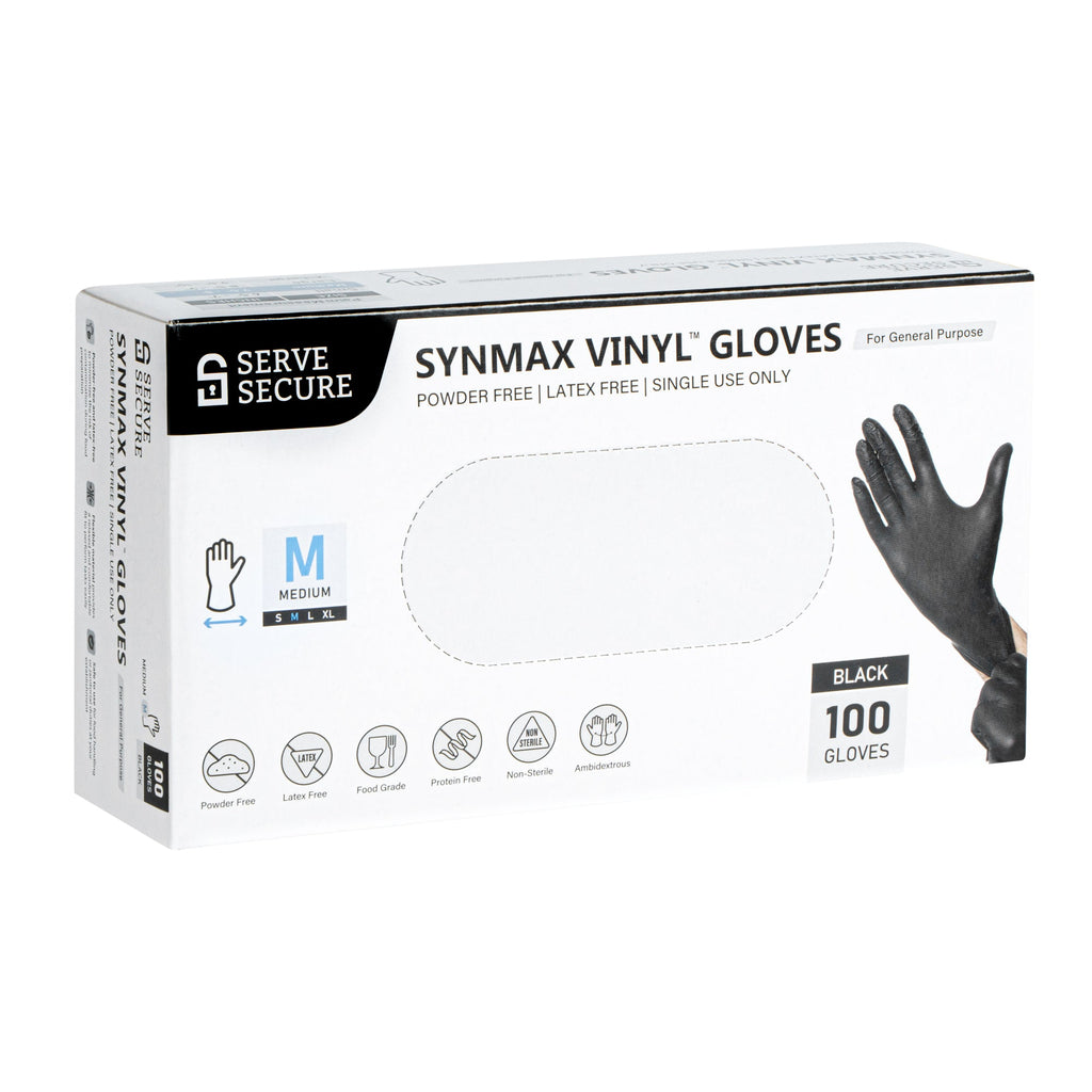 Serve Secure Black Medium Synmax Vinyl Gloves - Powder-Free, Latex-Free - 9" x 3 3/4" - 1000 count box