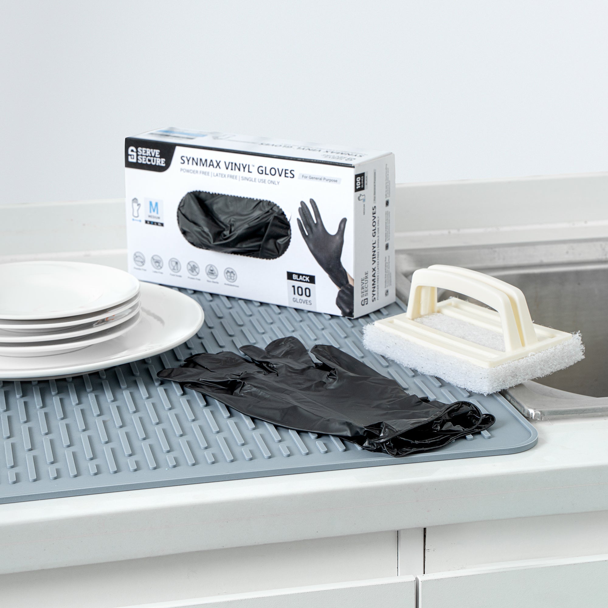 Serve Secure Black Medium Synmax Vinyl Gloves - Powder-Free, Latex-Free - 9" x 3 3/4" - 1000 count box