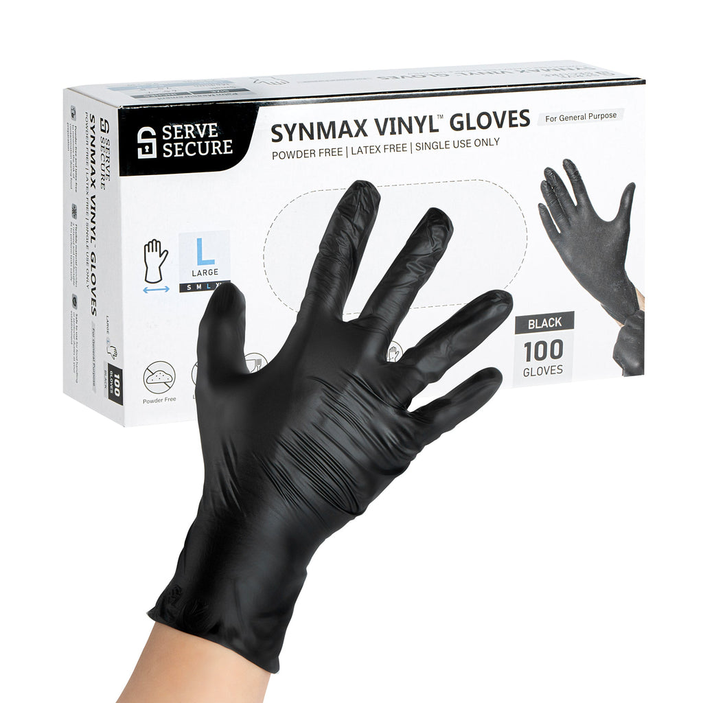Serve Secure Black Large Synmax Vinyl Gloves - Powder-Free, Latex-Free - 9" x 4 1/4" - 100 count box