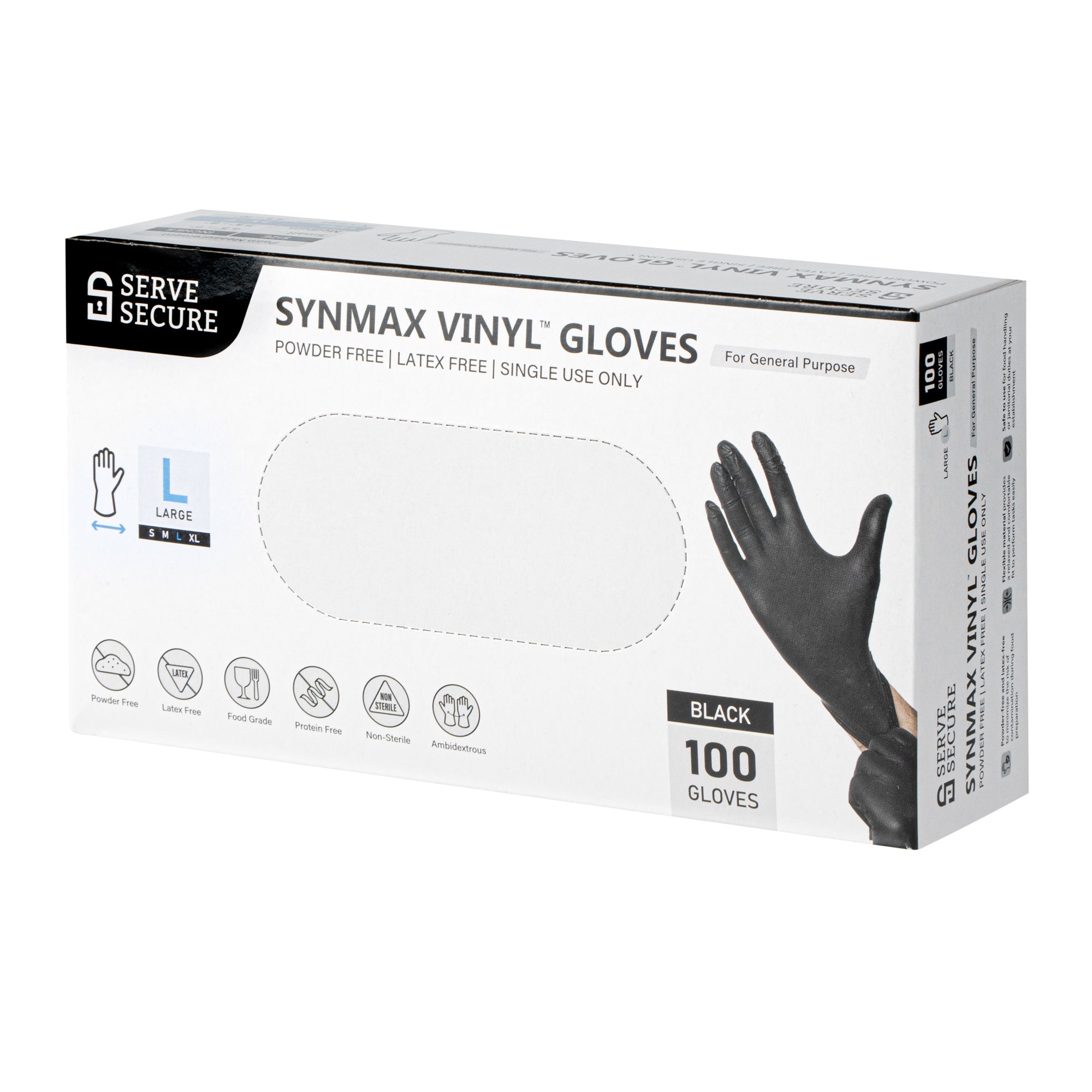 Serve Secure Black Large Synmax Vinyl Gloves - Powder-Free, Latex-Free - 9" x 4 1/4" - 100 count box