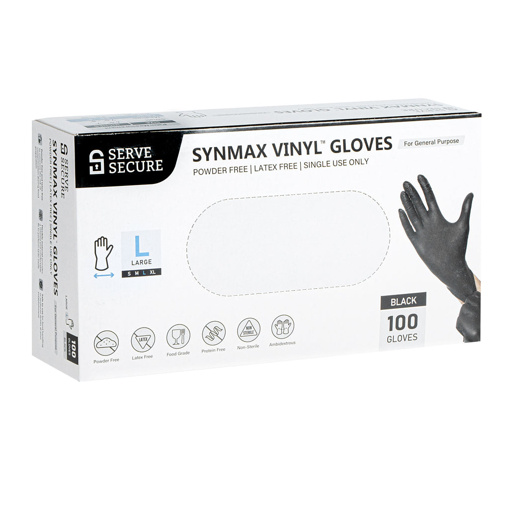 Serve Secure Black Large Synmax Vinyl Gloves - Powder-Free, Latex-Free - 9" x 4 1/4" - 100 count box