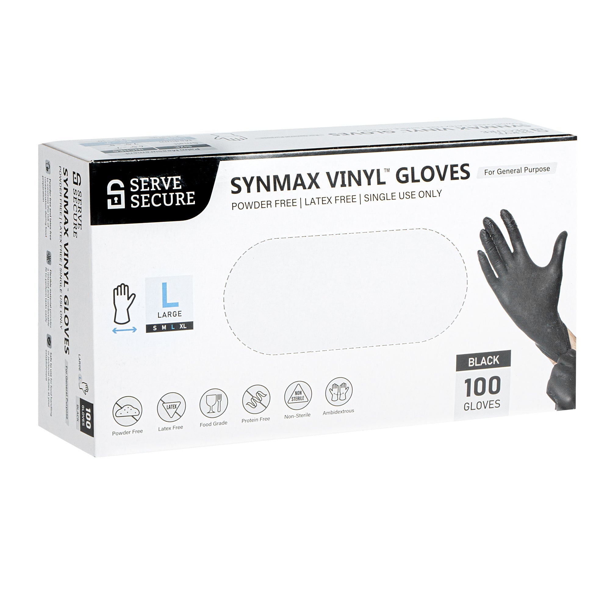 Serve Secure Black Large Synmax Vinyl Gloves - Powder-Free, Latex-Free - 9" x 4 1/4" - 100 count box