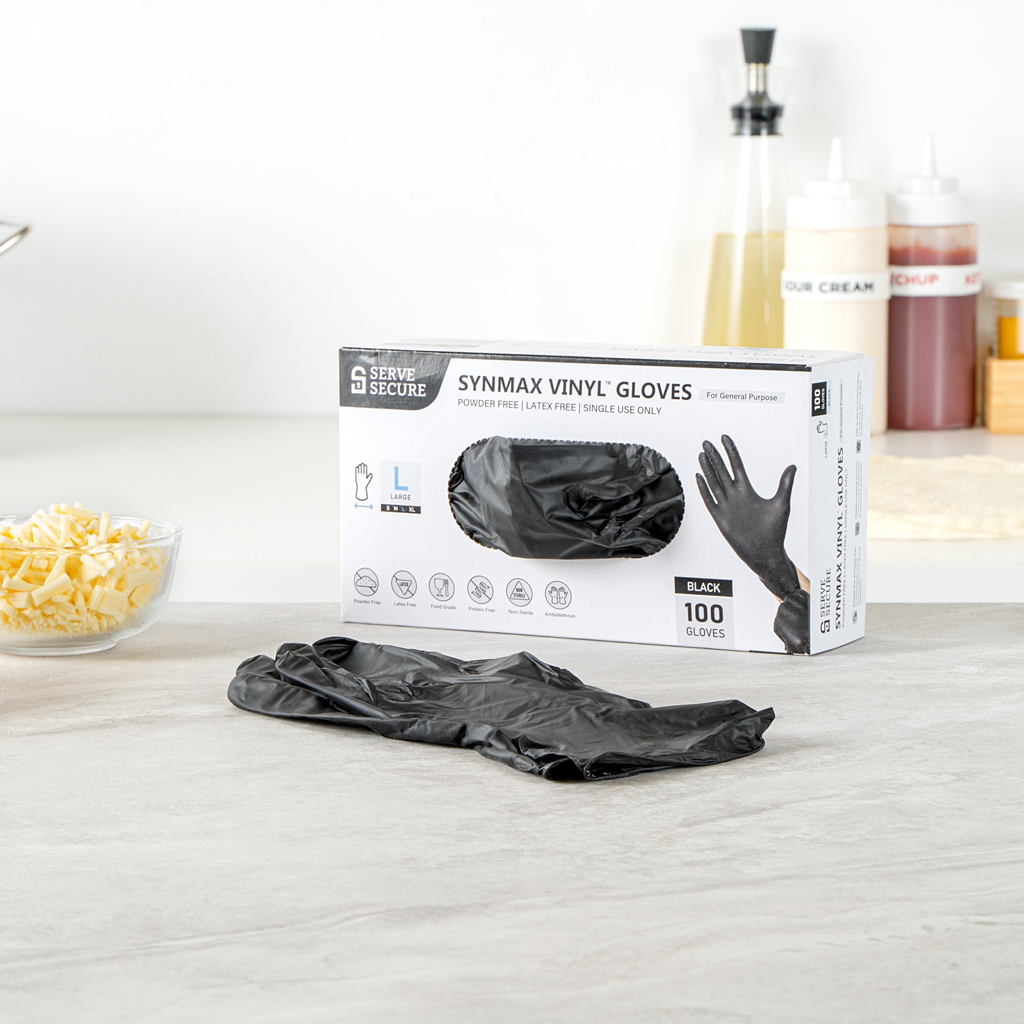 Serve Secure Black Large Synmax Vinyl Gloves - Powder-Free, Latex-Free - 9" x 4 1/4" - 1000 count box