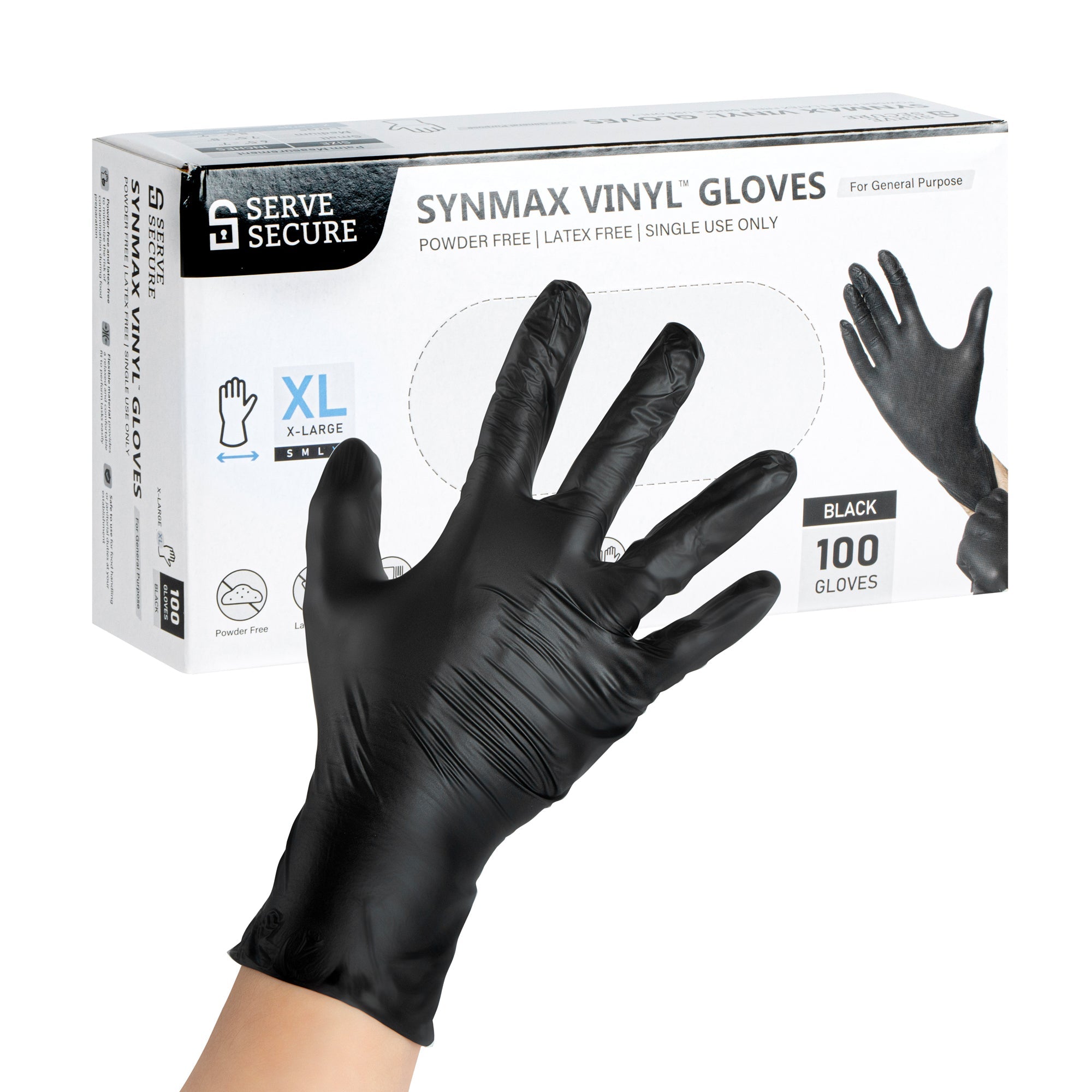 Serve Secure Black Extra Large Synmax Vinyl Gloves - Powder-Free, Latex-Free - 9" x 4 1/2" - 100 count box