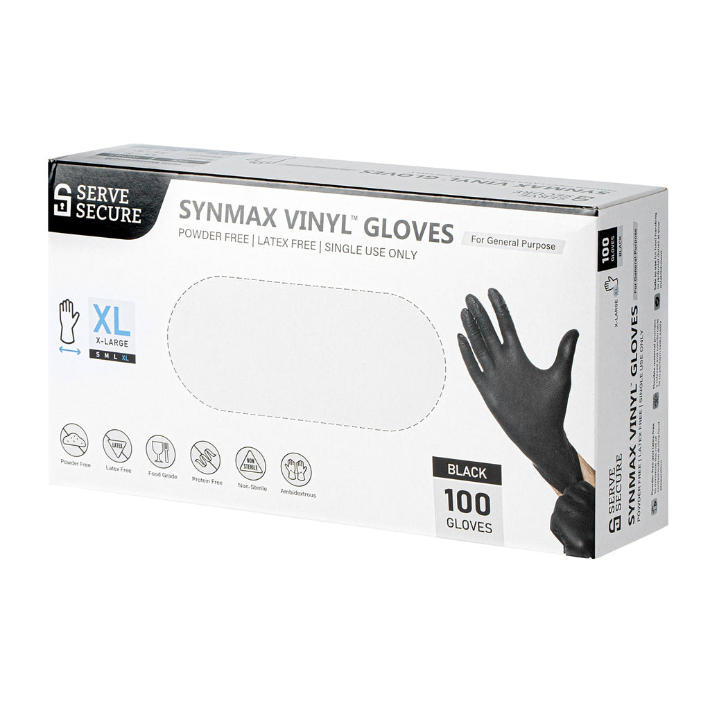 Serve Secure Black Extra Large Synmax Vinyl Gloves - Powder-Free, Latex-Free - 9" x 4 1/2" - 100 count box