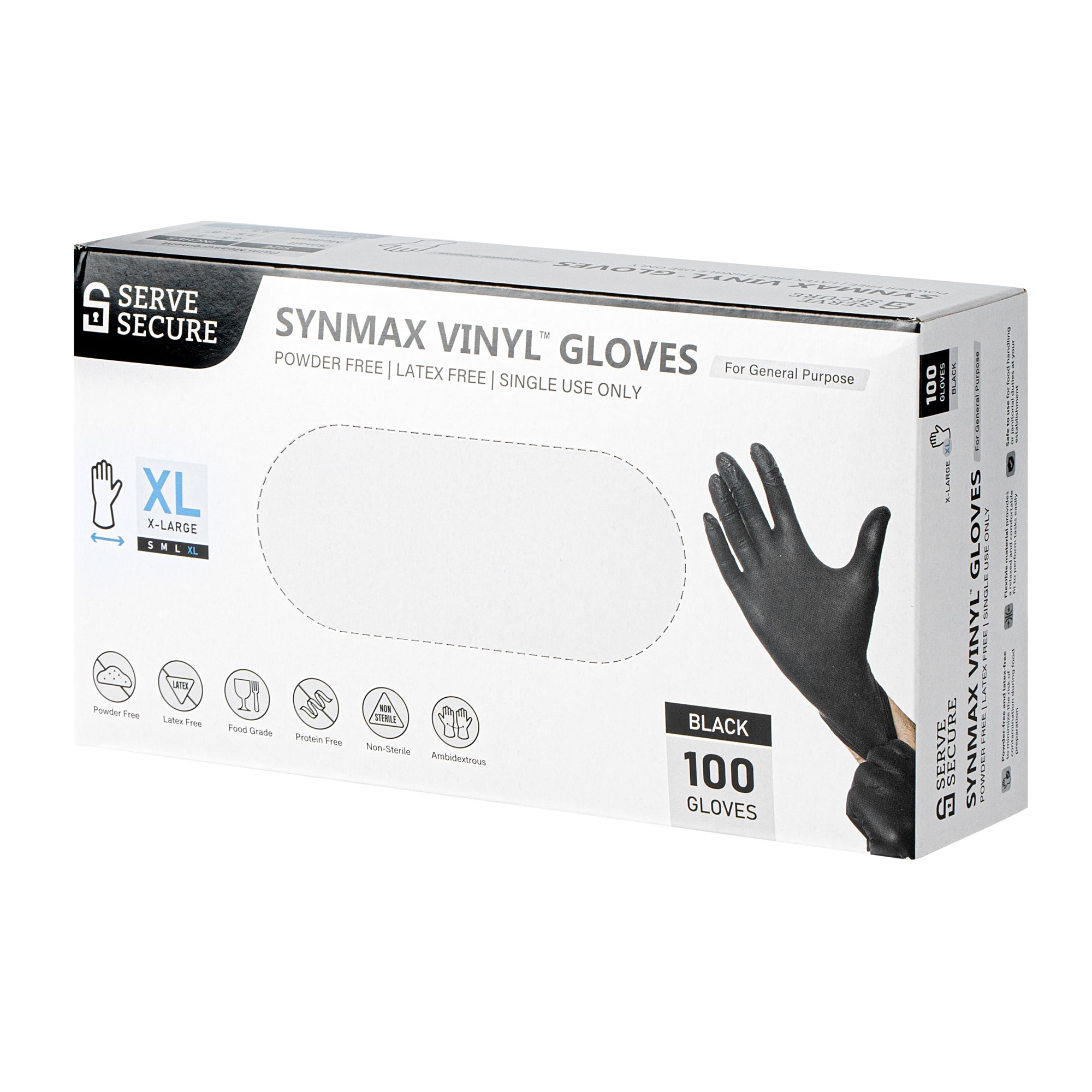 Serve Secure Black Extra Large Synmax Vinyl Gloves - Powder-Free, Latex-Free - 9" x 4 1/2" - 100 count box