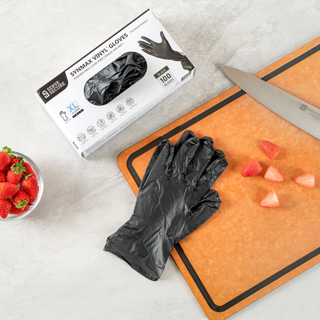 Serve Secure Black Extra Large Synmax Vinyl Gloves - Powder-Free, Latex-Free - 9" x 4 1/2" - 100 count box
