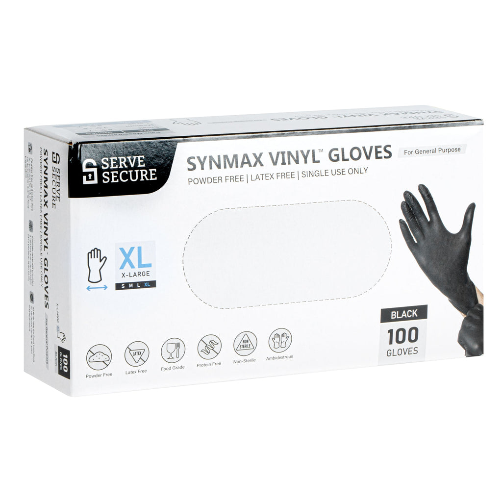 Serve Secure Black Extra Large Synmax Vinyl Gloves - Powder-Free, Latex-Free - 9" x 4 1/2" - 100 count box