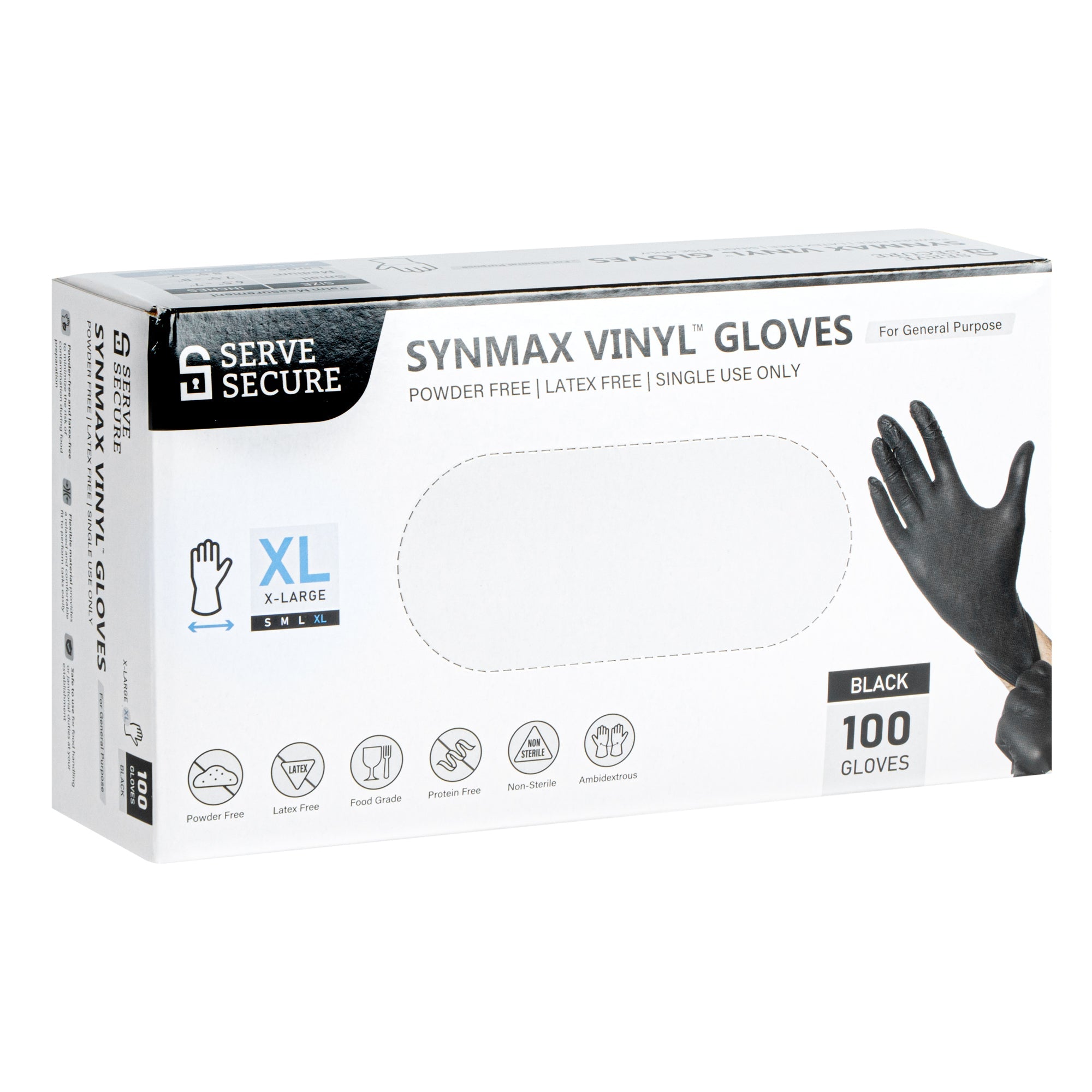 Serve Secure Black Extra Large Synmax Vinyl Gloves - Powder-Free, Latex-Free - 9" x 4 1/2" - 1000 count box