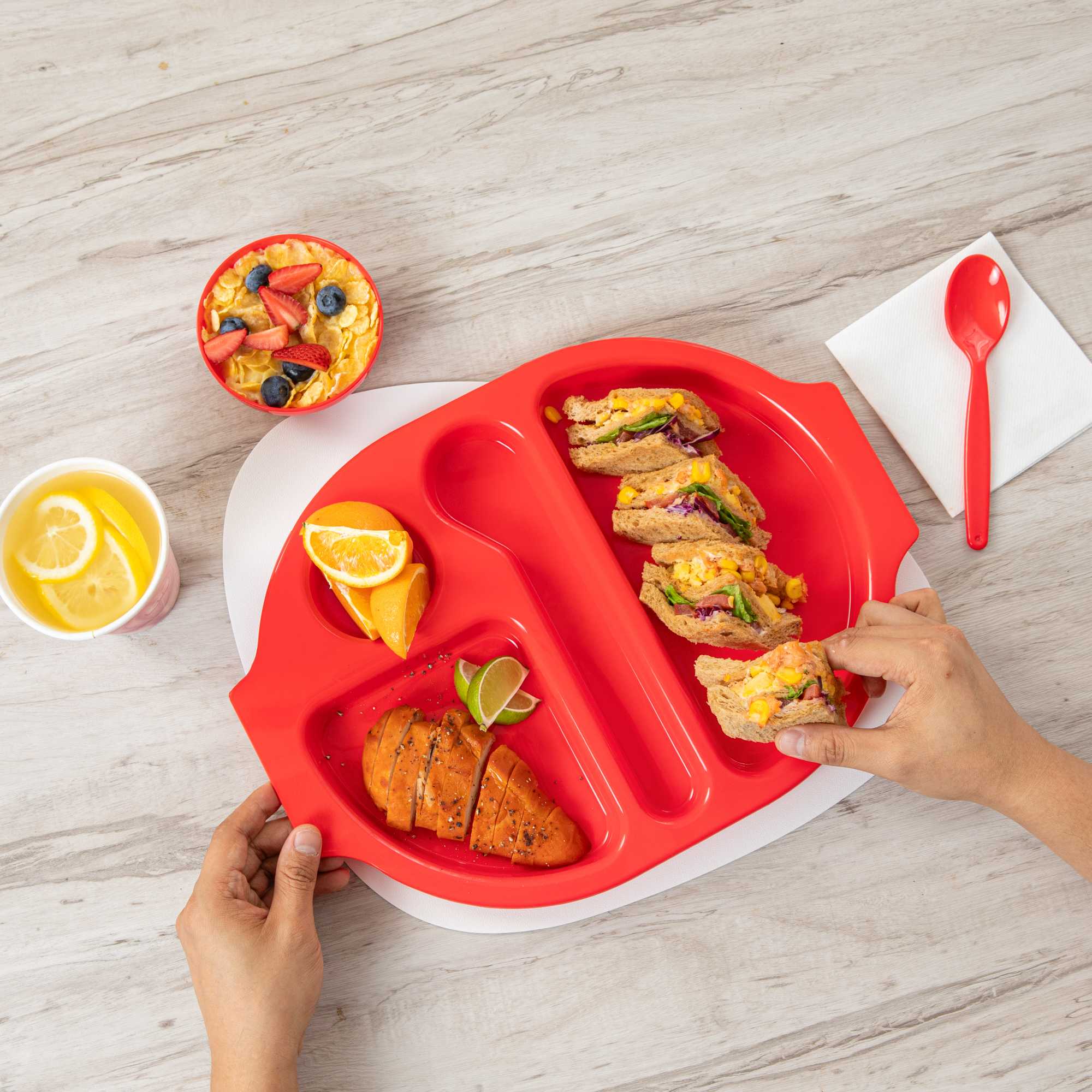 RW Kids Red Plastic Lunch Tray - 4 Compartments - 14 3/4" x 11" x 1" - 10 count box