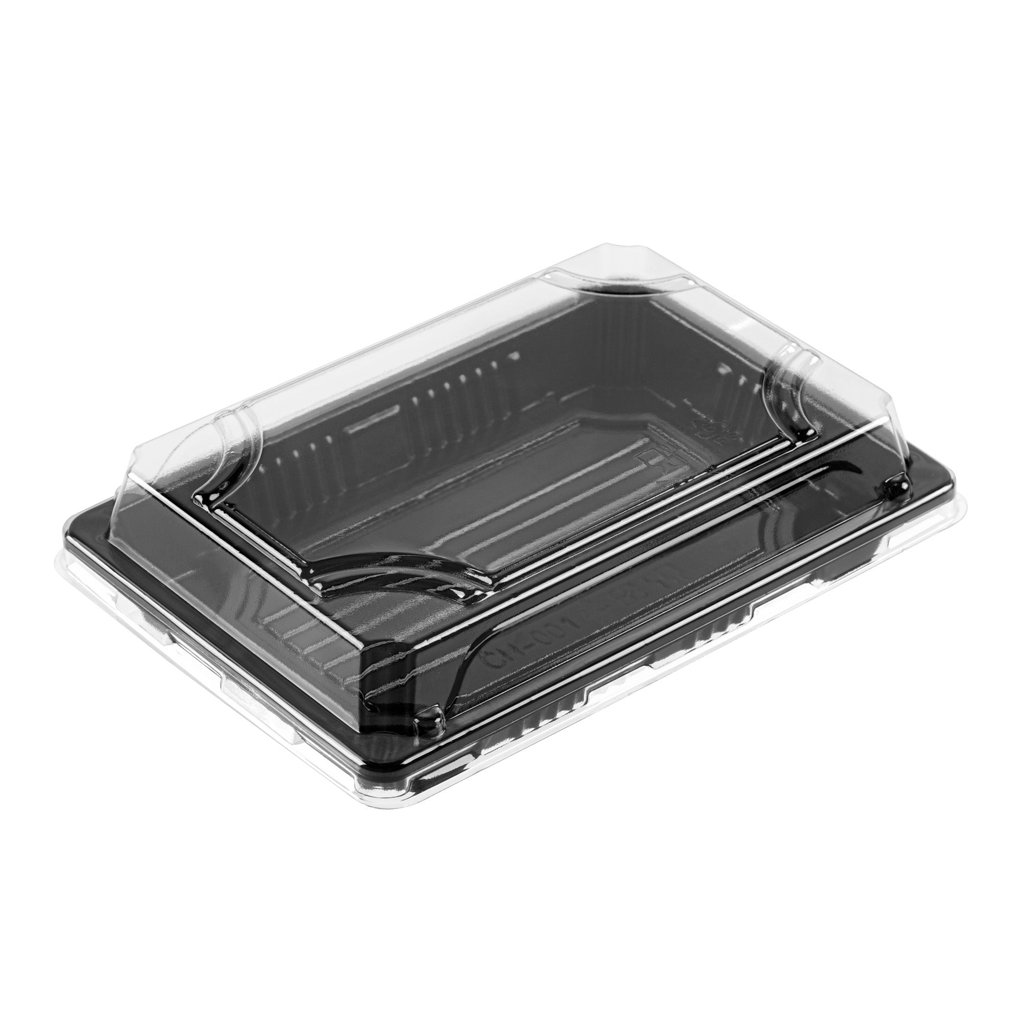Roku Rectangle Black Plastic Take Out Sushi Tray - with Clear Lid - 6 1/2" x 4 1/4" x 1 1/2" - 100 count box