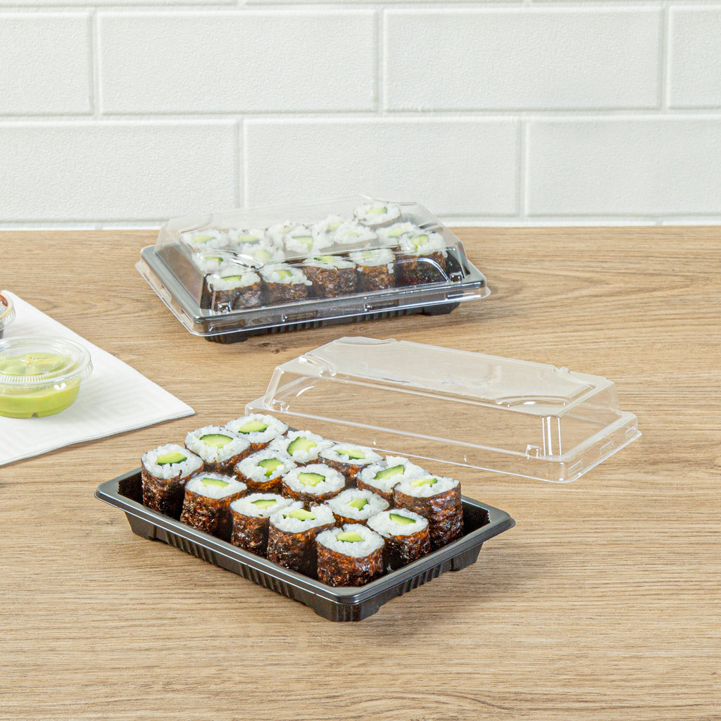 Roku Rectangle Black Plastic Take Out Sushi Tray - with Clear Lid - 6 1/2" x 4 1/4" x 1 1/2" - 100 count box