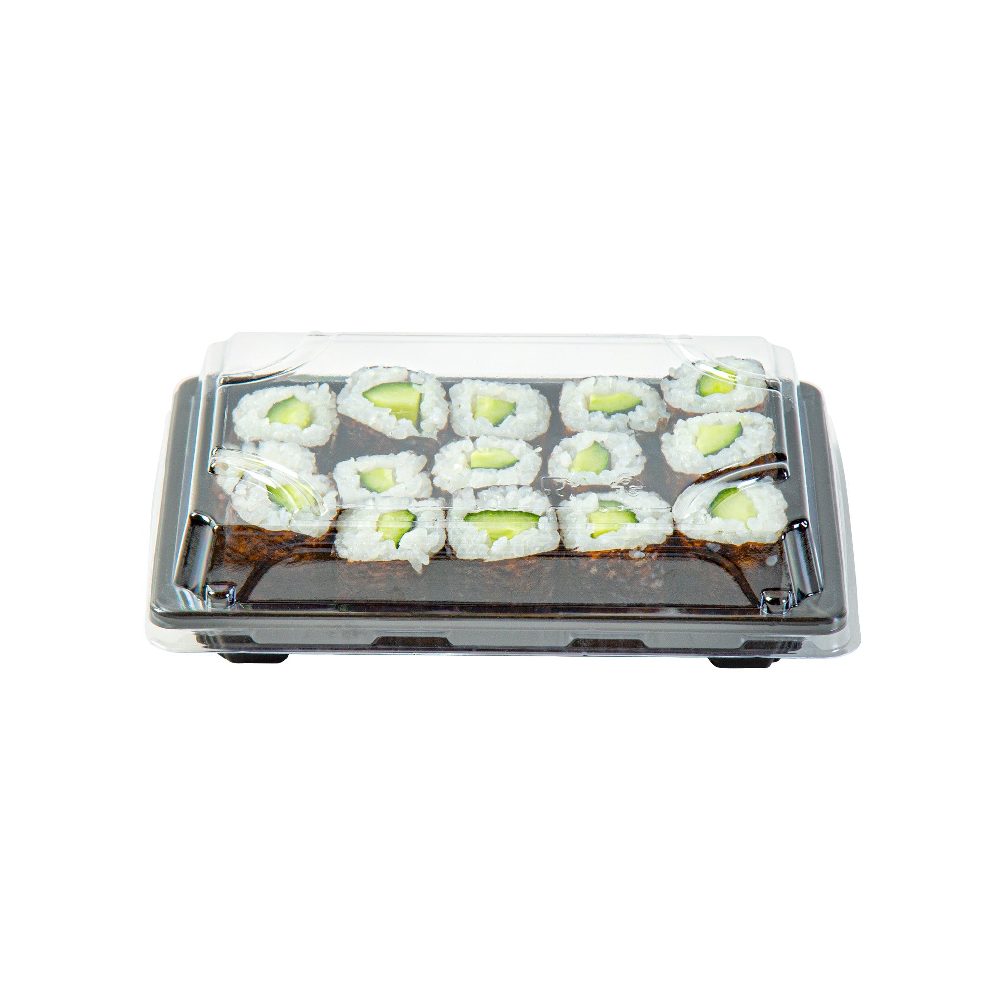 Roku Rectangle Black Plastic Take Out Sushi Tray - with Clear Lid - 6 1/2" x 4 1/4" x 1 1/2" - 100 count box