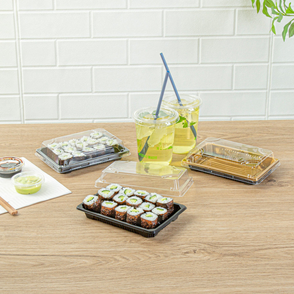 Roku Rectangle Black Plastic Take Out Sushi Tray - with Clear Lid - 6 1/2" x 4 1/4" x 1 1/2" - 100 count box