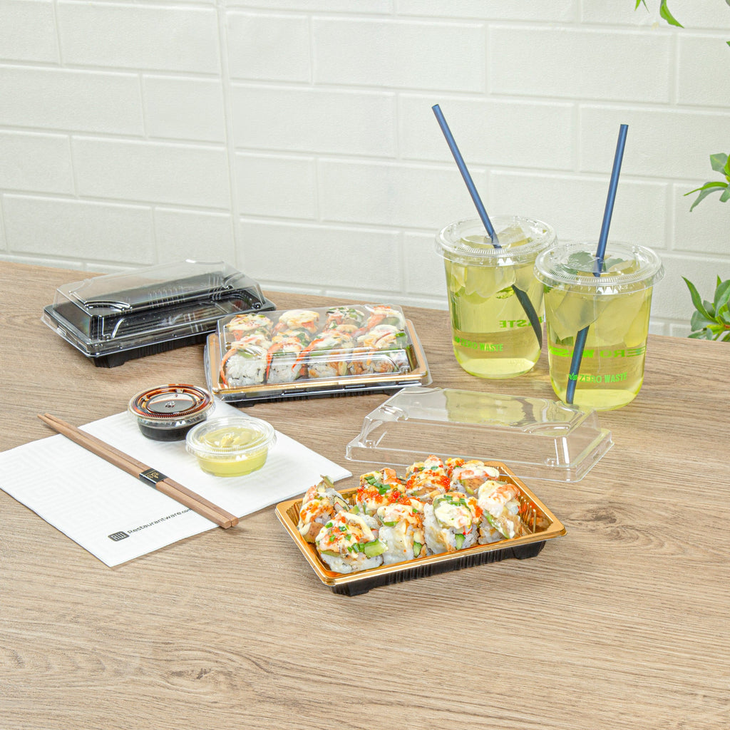 Roku Rectangle Gold Plastic Take Out Sushi Tray - with Clear Lid - 6 1/2" x 4 1/4" x 1 1/2" - 100 count box