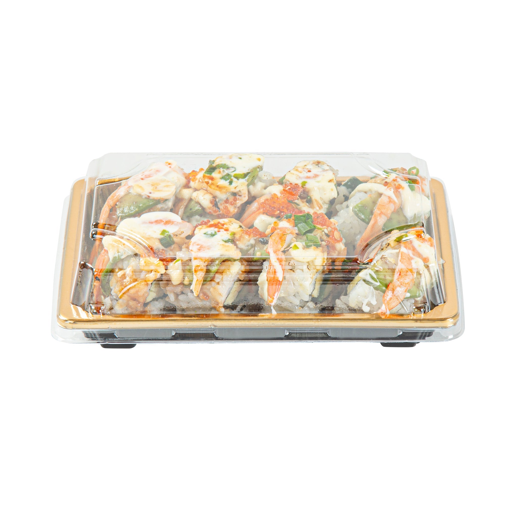 Roku Rectangle Gold Plastic Take Out Sushi Tray - with Clear Lid - 6 1/2" x 4 1/4" x 1 1/2" - 100 count box