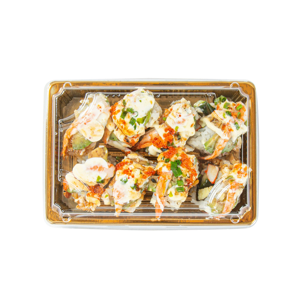 Roku Rectangle Gold Plastic Take Out Sushi Tray - with Clear Lid - 6 1/2" x 4 1/4" x 1 1/2" - 100 count box