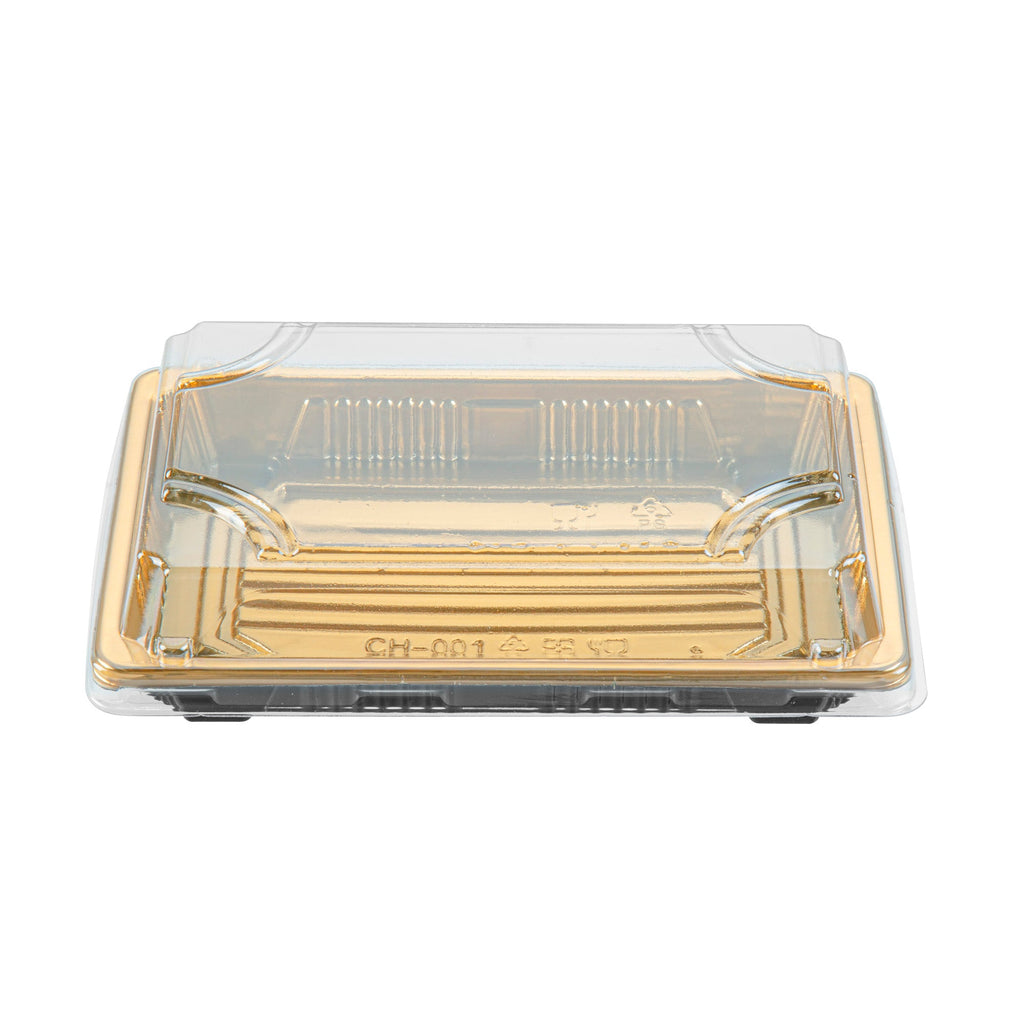 Roku Rectangle Gold Plastic Take Out Sushi Tray - with Clear Lid - 6 1/2" x 4 1/4" x 1 1/2" - 100 count box