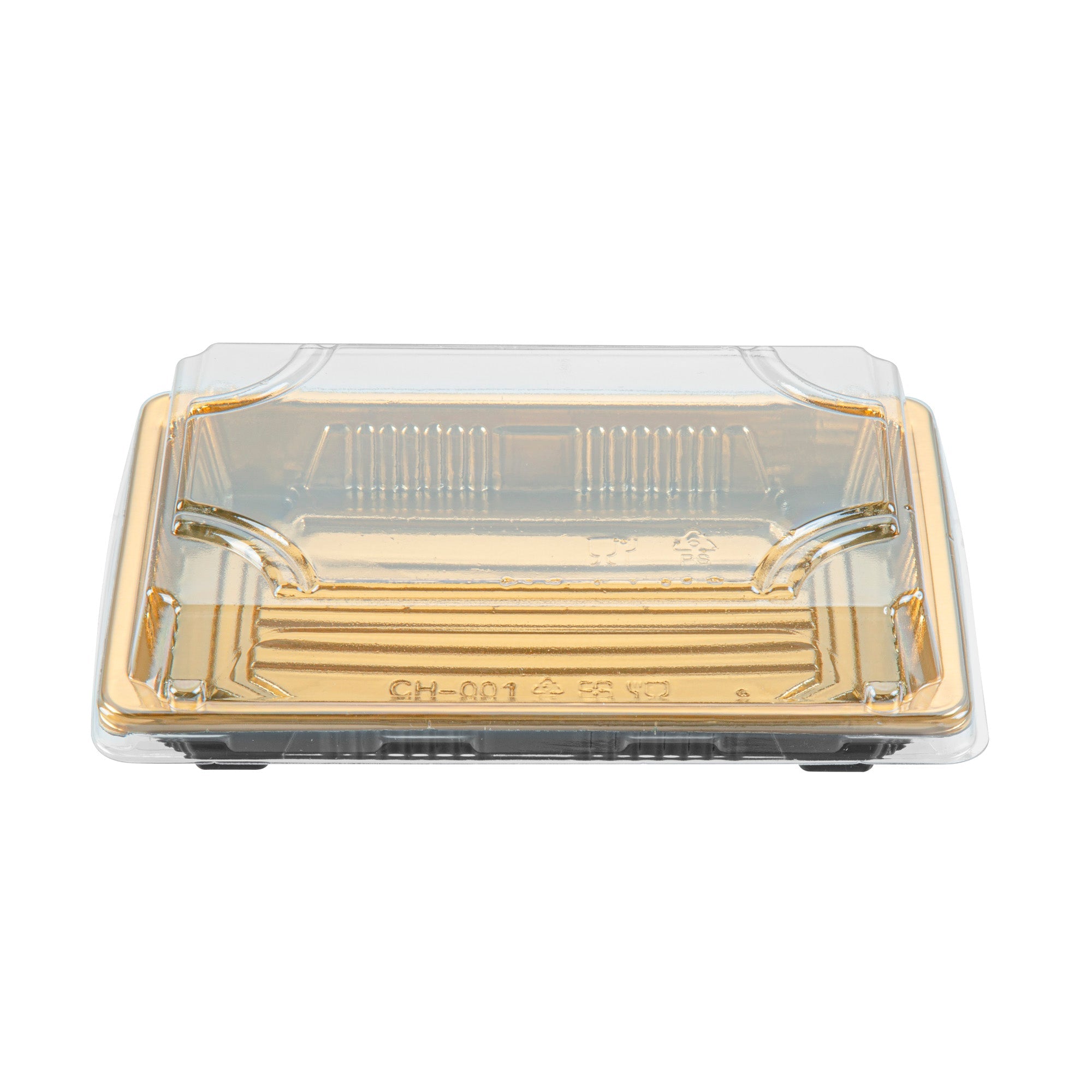 Roku Rectangle Gold Plastic Take Out Sushi Tray - with Clear Lid - 6 1/2" x 4 1/4" x 1 1/2" - 100 count box