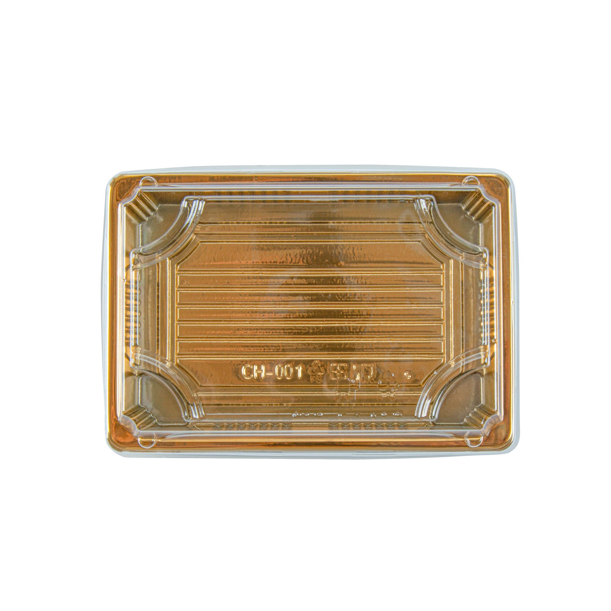 Roku Rectangle Gold Plastic Take Out Sushi Tray - with Clear Lid - 6 1/2" x 4 1/4" x 1 1/2" - 100 count box