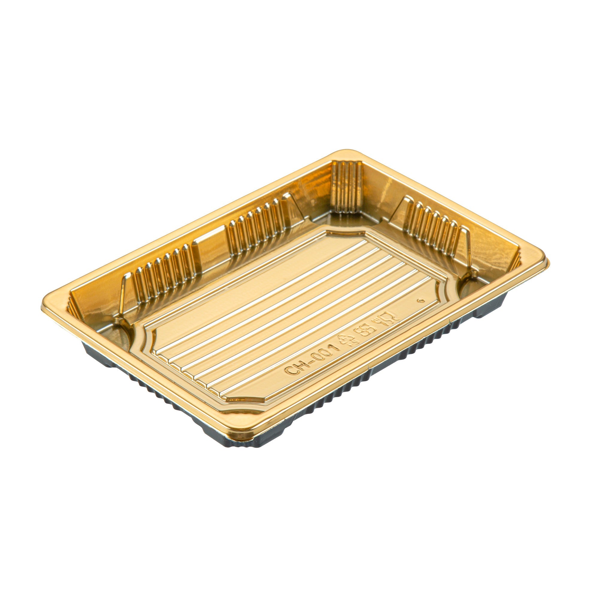Roku Rectangle Gold Plastic Take Out Sushi Tray - with Clear Lid - 6 1/2" x 4 1/4" x 1 1/2" - 100 count box