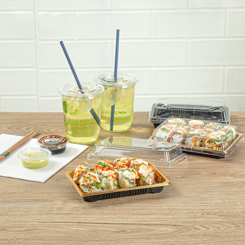 Roku Rectangle Gold Plastic Take Out Sushi Tray - with Clear Lid - 6 1/2" x 4 1/4" x 1 1/2" - 100 count box