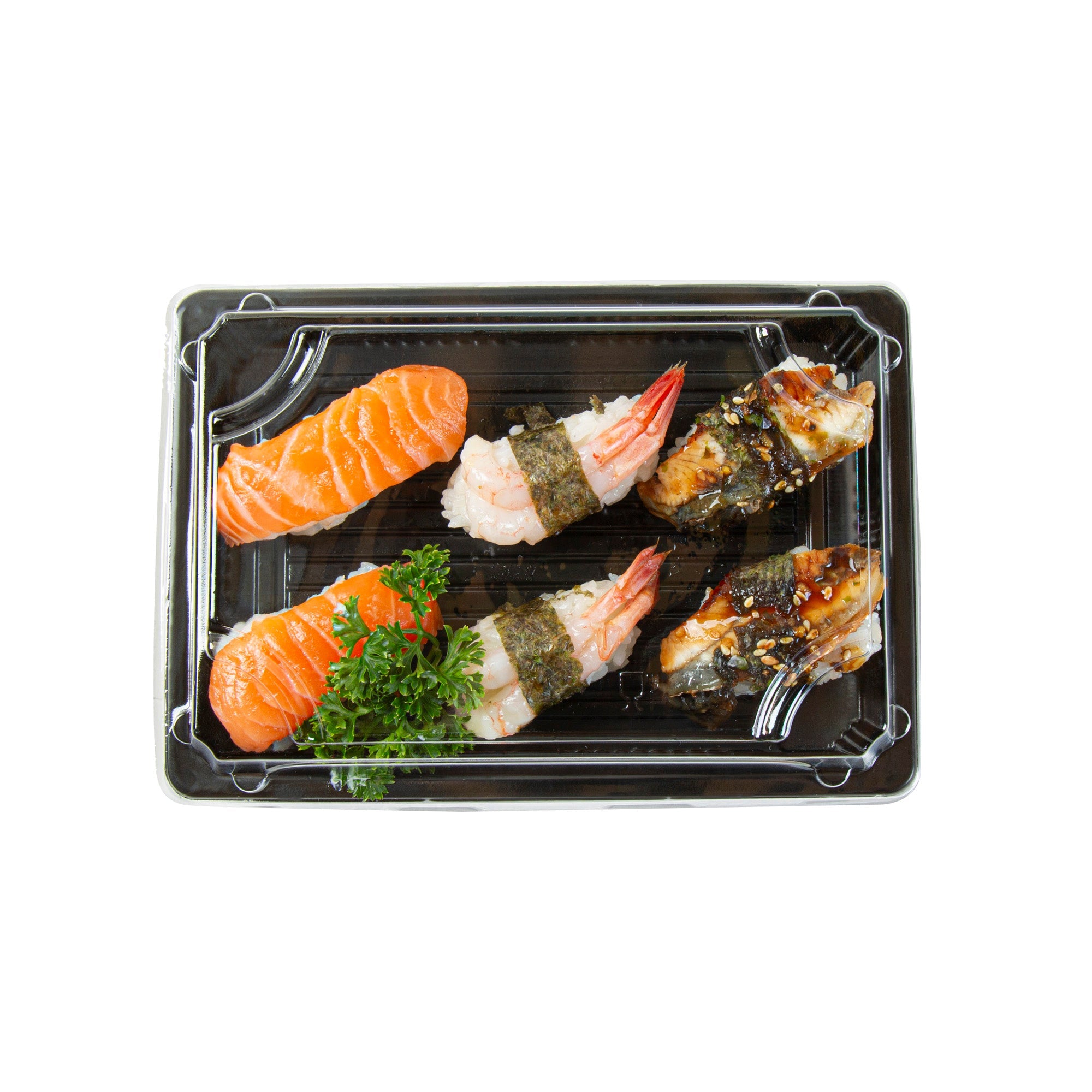 Roku Rectangle Black Plastic Take Out Sushi Tray - with Clear Lid - 7" x 5" x 1 1/2" - 100 count box