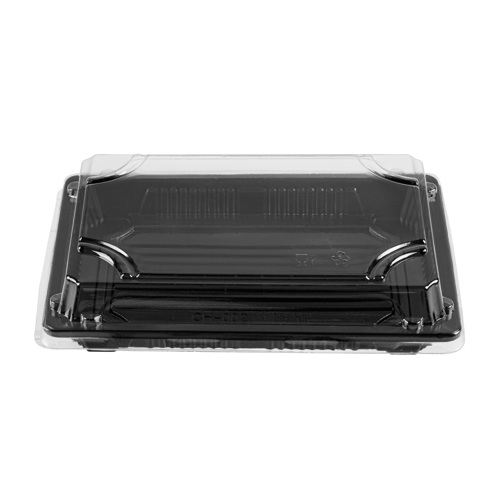 Roku Rectangle Black Plastic Take Out Sushi Tray - with Clear Lid - 7" x 5" x 1 1/2" - 100 count box
