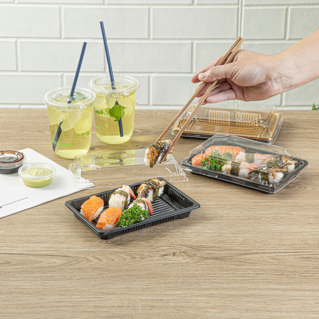 Roku Rectangle Black Plastic Take Out Sushi Tray - with Clear Lid - 7" x 5" x 1 1/2" - 100 count box