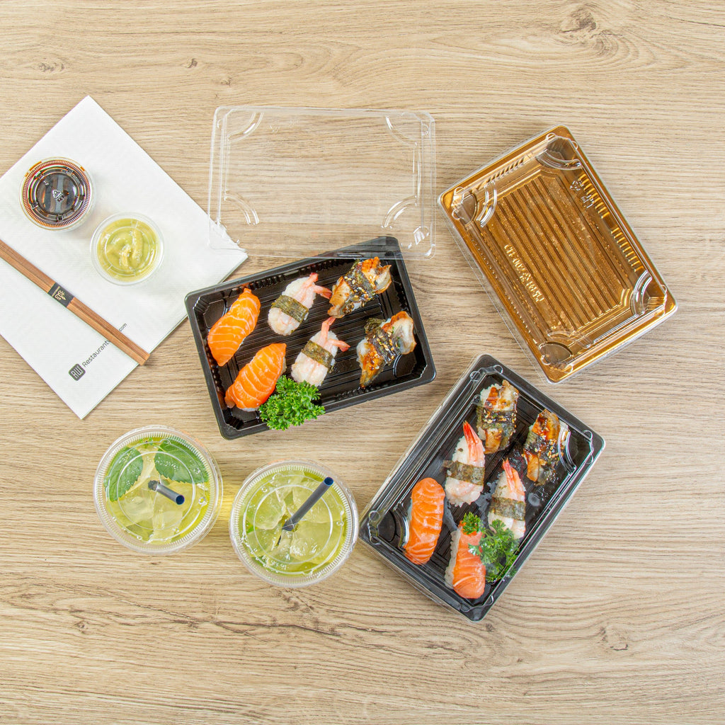 Roku Rectangle Black Plastic Take Out Sushi Tray - with Clear Lid - 7" x 5" x 1 1/2" - 100 count box