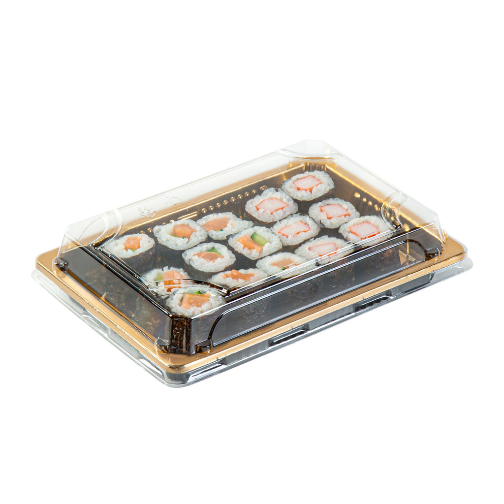 Roku Rectangle Gold Plastic Take Out Sushi Tray - with Clear Lid - 7" x 5" x 1 1/2" - 100 count box