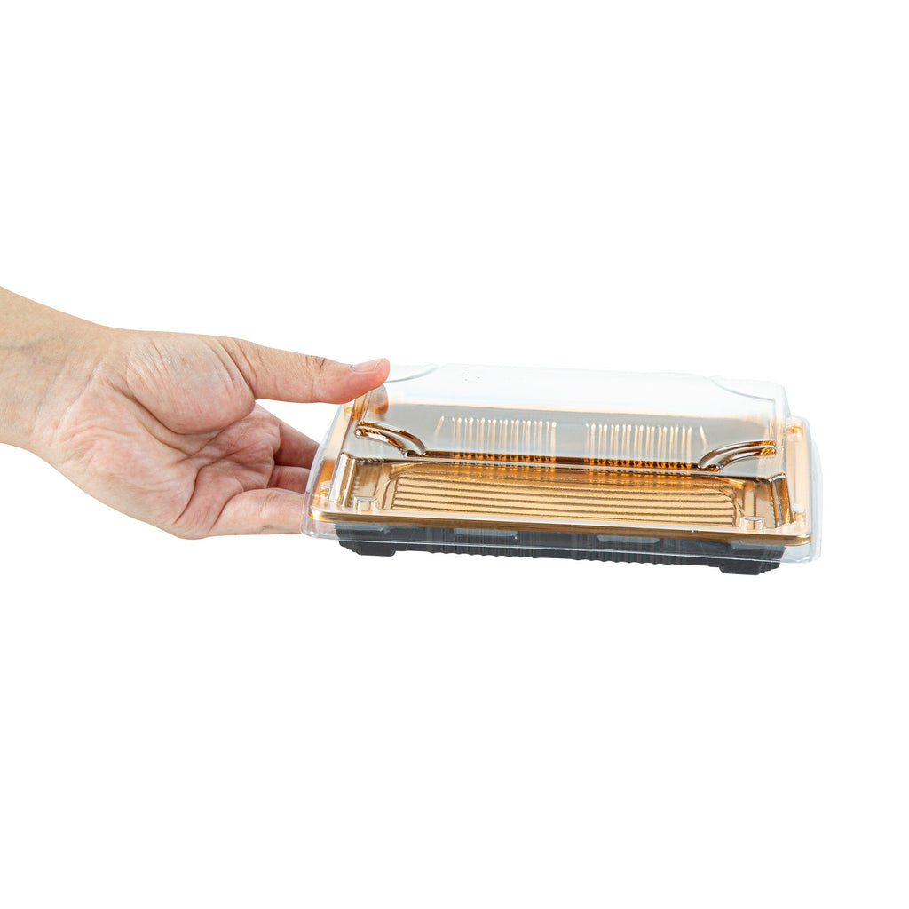 Roku Rectangle Gold Plastic Take Out Sushi Tray - with Clear Lid - 7" x 5" x 1 1/2" - 100 count box