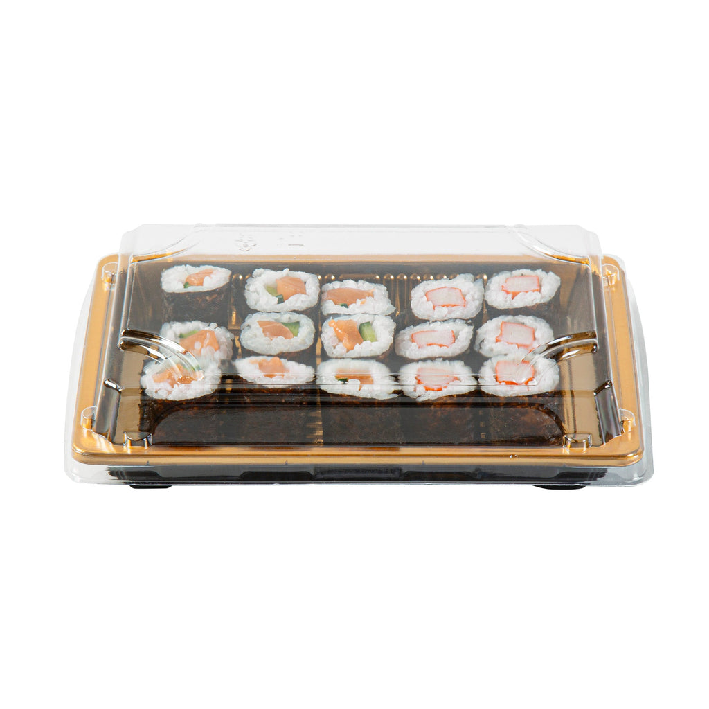 Roku Rectangle Gold Plastic Take Out Sushi Tray - with Clear Lid - 7" x 5" x 1 1/2" - 100 count box